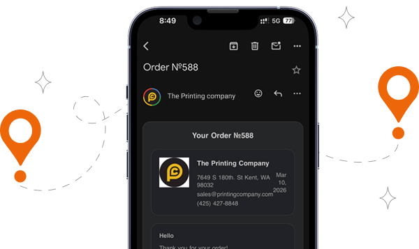 Smartphone showing order confirmation email and tracking-themed graphics