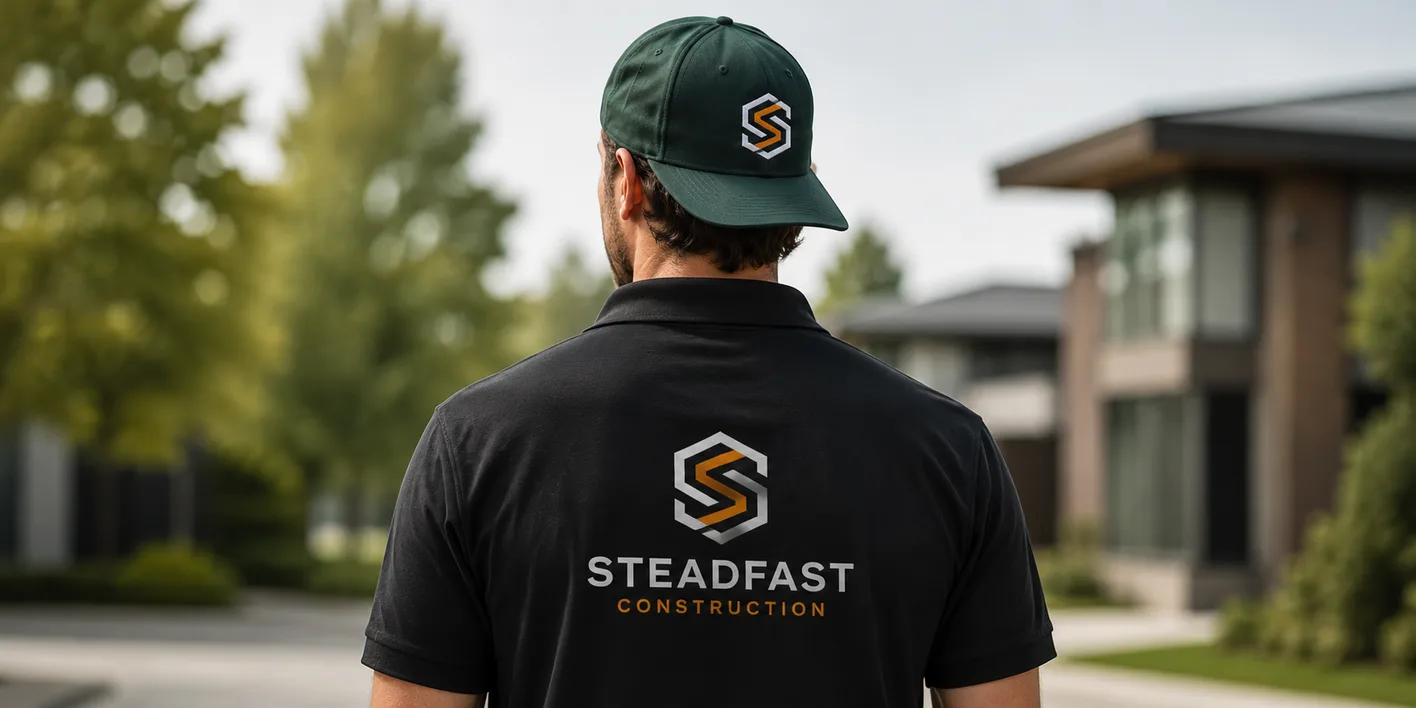 Construction worker wearing a custom embroidered polo and cap