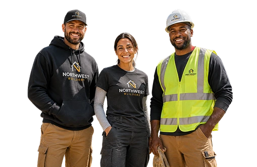 Construction crew in custom printed hoodie, t-shirt and hi-vis vest