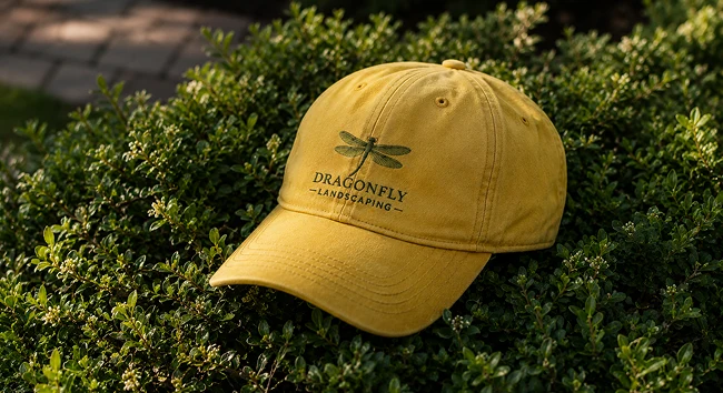 Custom embroidered landscaping company cap on a trimmed hedge