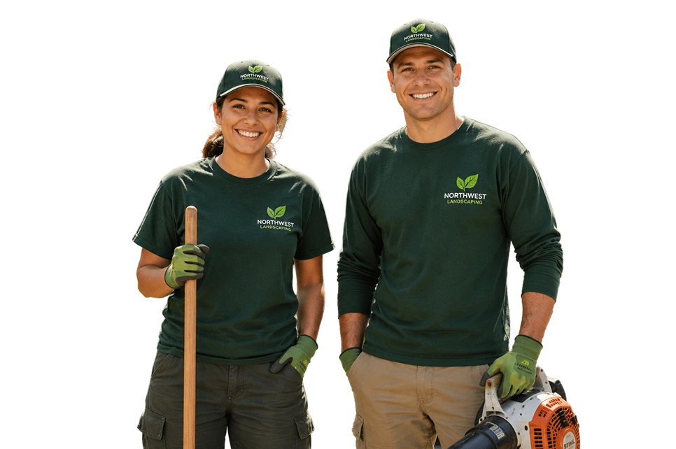 Landscaping crew wearing custom printed workwear