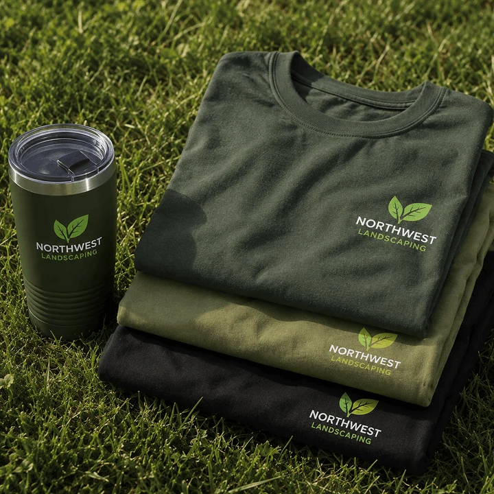 Custom printed landscaping t-shirts and a branded tumbler on grass