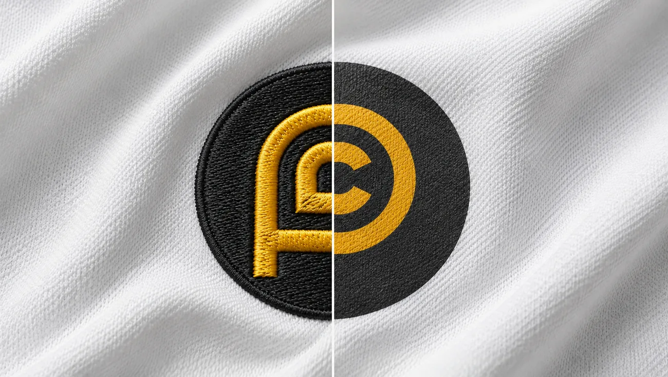 Embroidered logo next to a screen printed logo on a polo