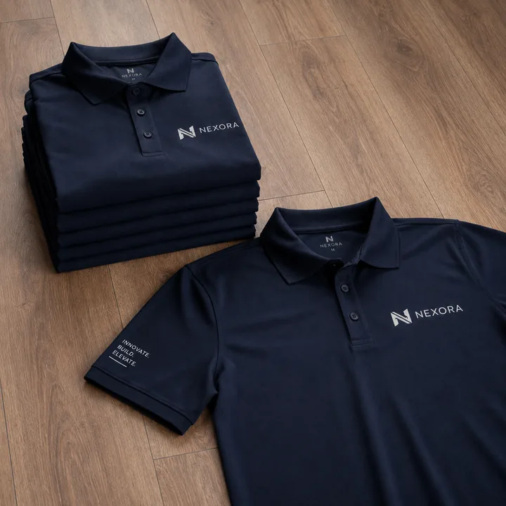 Stack of custom embroidered navy polo shirts