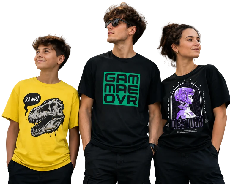 Three people in custom printed t-shirts